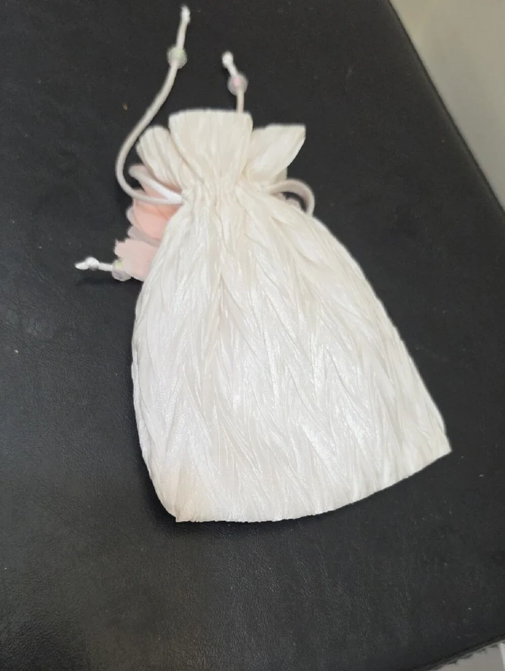 Ivory Satin Drawstring Pouch with Peach Flower Accent